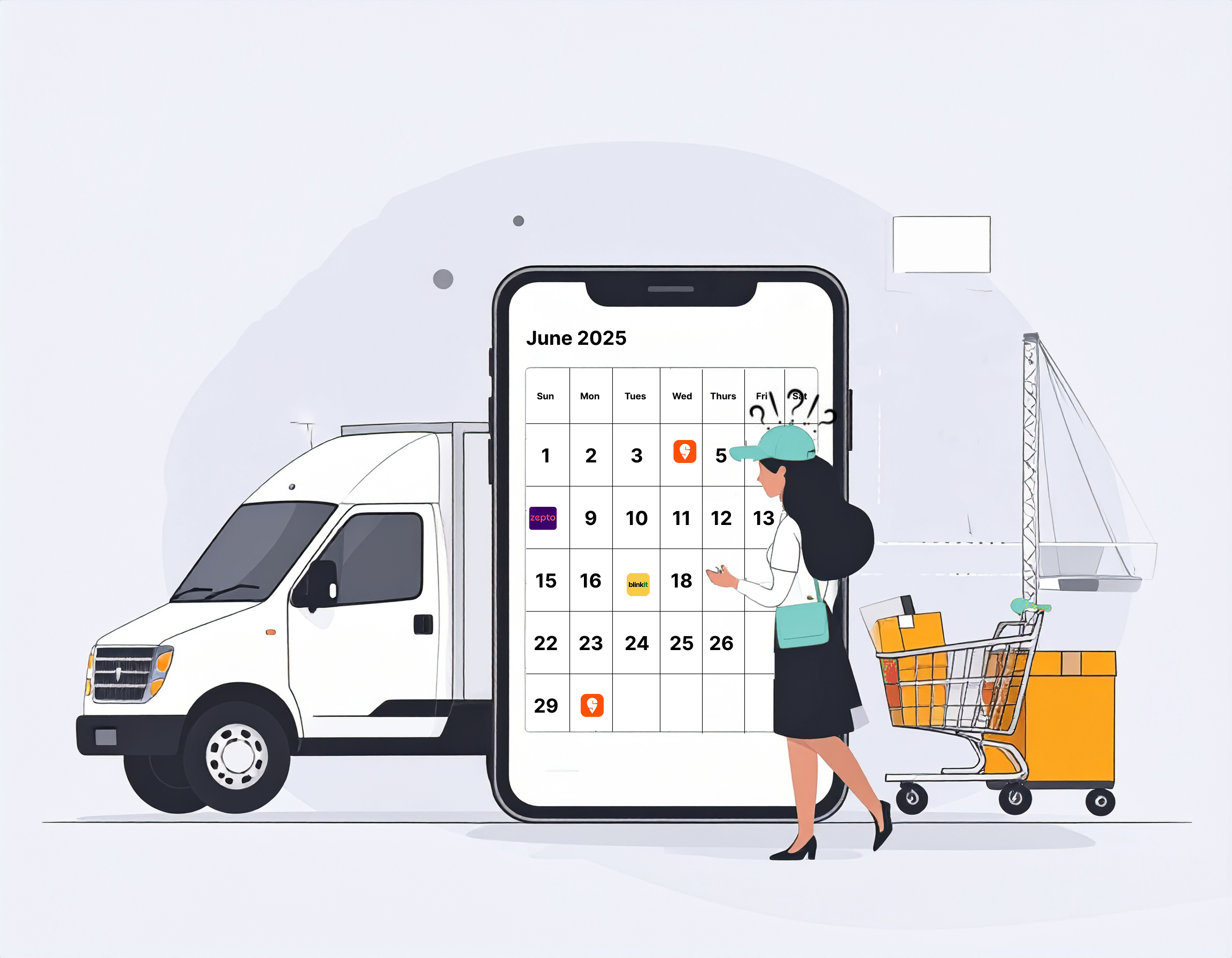 A graphical user interface (GUI) on a smartphone shows a customer selecting a specific time slot for delivery, illustrating the concept of appointment-based delivery.