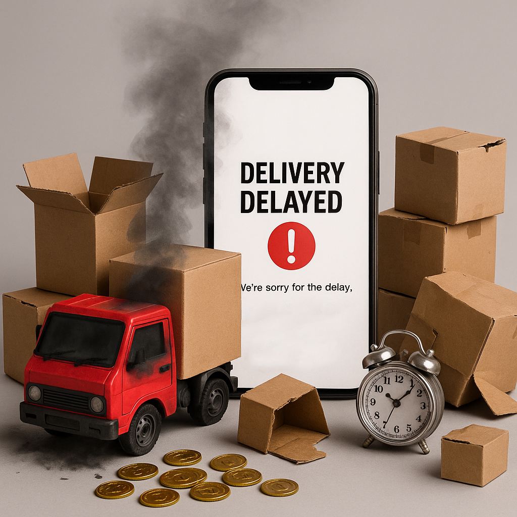 A visual representation of a brand's inventory, with some items missing and digital lines connecting to multiple platforms, symbolizing the challenges brands face with quick commerce platforms, like loss of control and data.