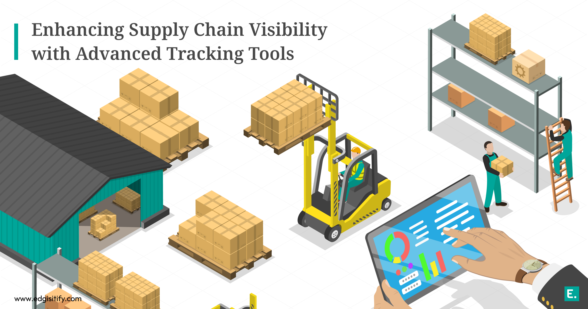 A warehouse manager is looking at a tablet displaying a map with real-time tracking data for multiple shipments, showing enhanced supply chain visibility.