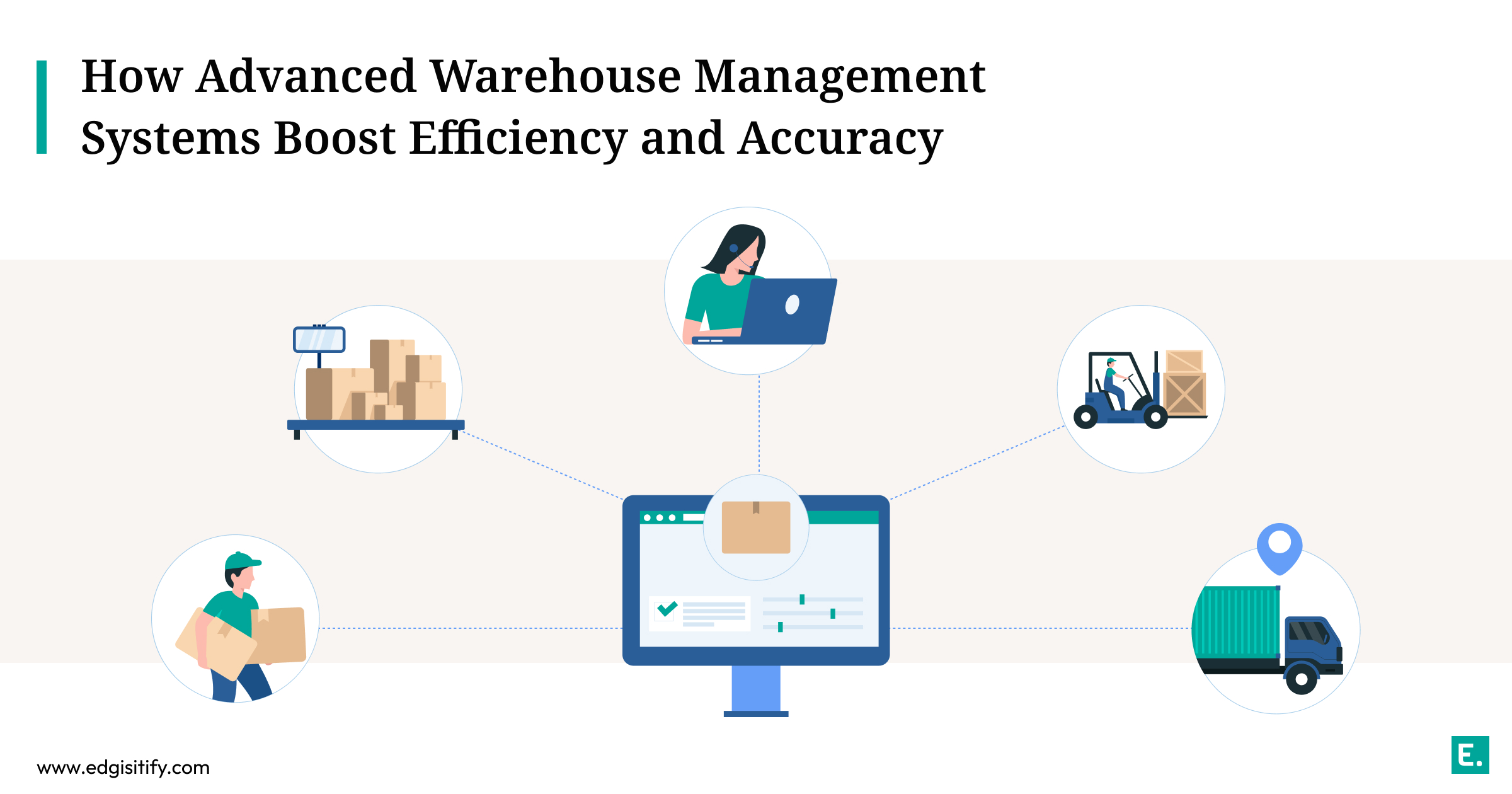 A split-screen image showing a warehouse on one side and a digital dashboard on the other, highlighting how a WMS connects physical operations with data analytics.
