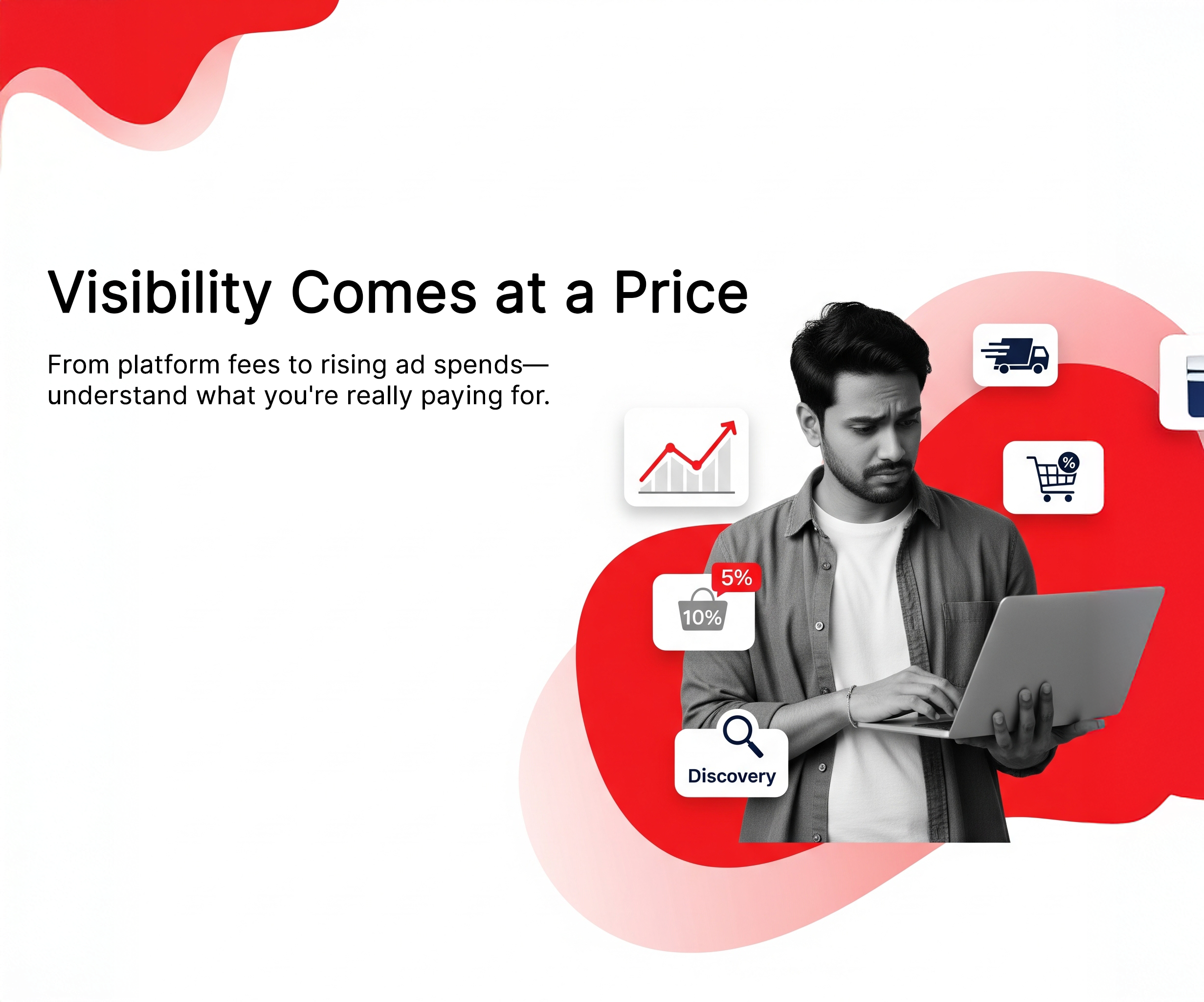 Pie chart showing e-commerce profit margins: small slice for marketplace, larger for D2C strategy.