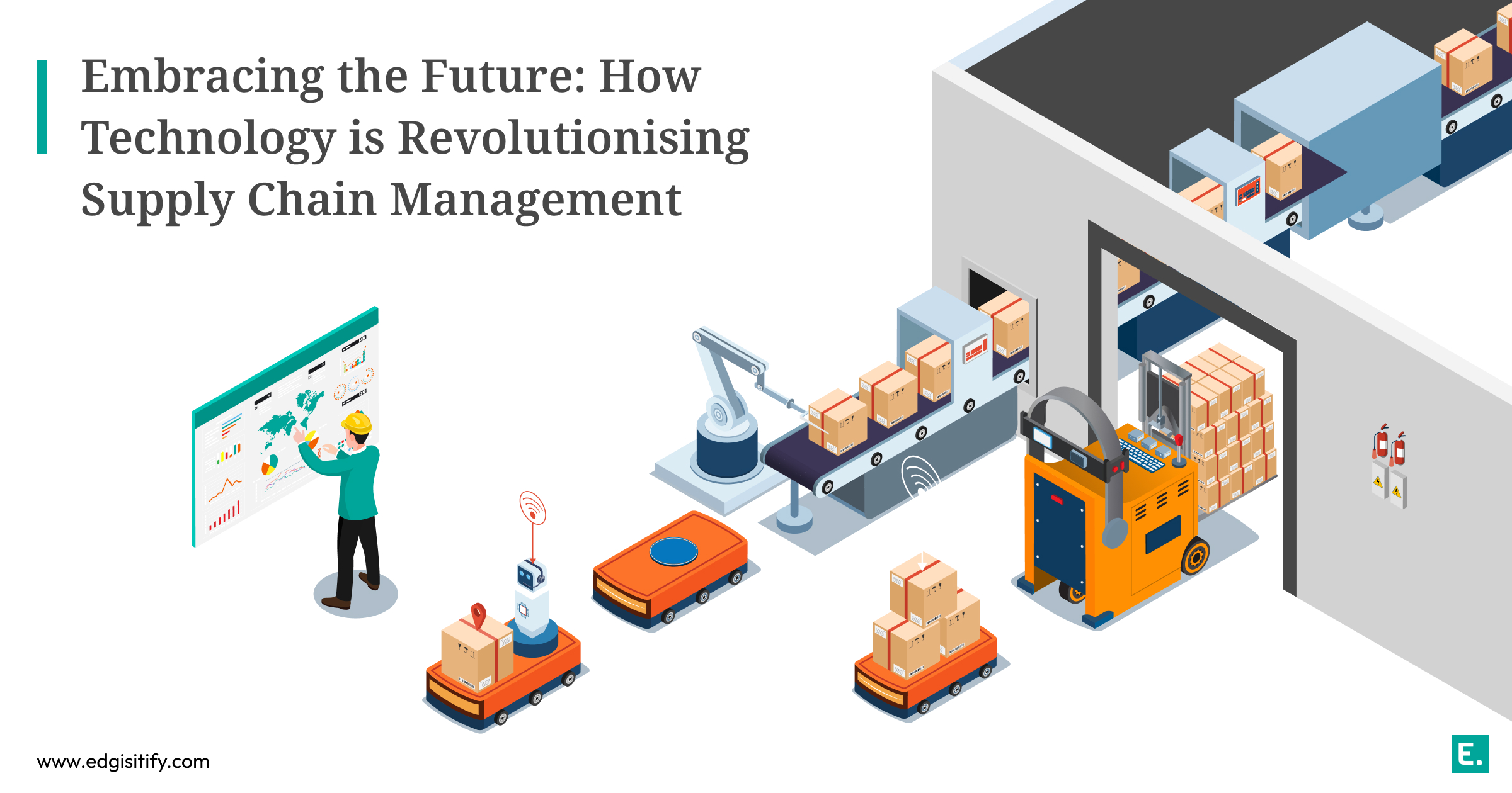 An abstract image showing digital networks overlaid on a warehouse, symbolizing the integration of technology like AI and IoT into supply chain operations.
