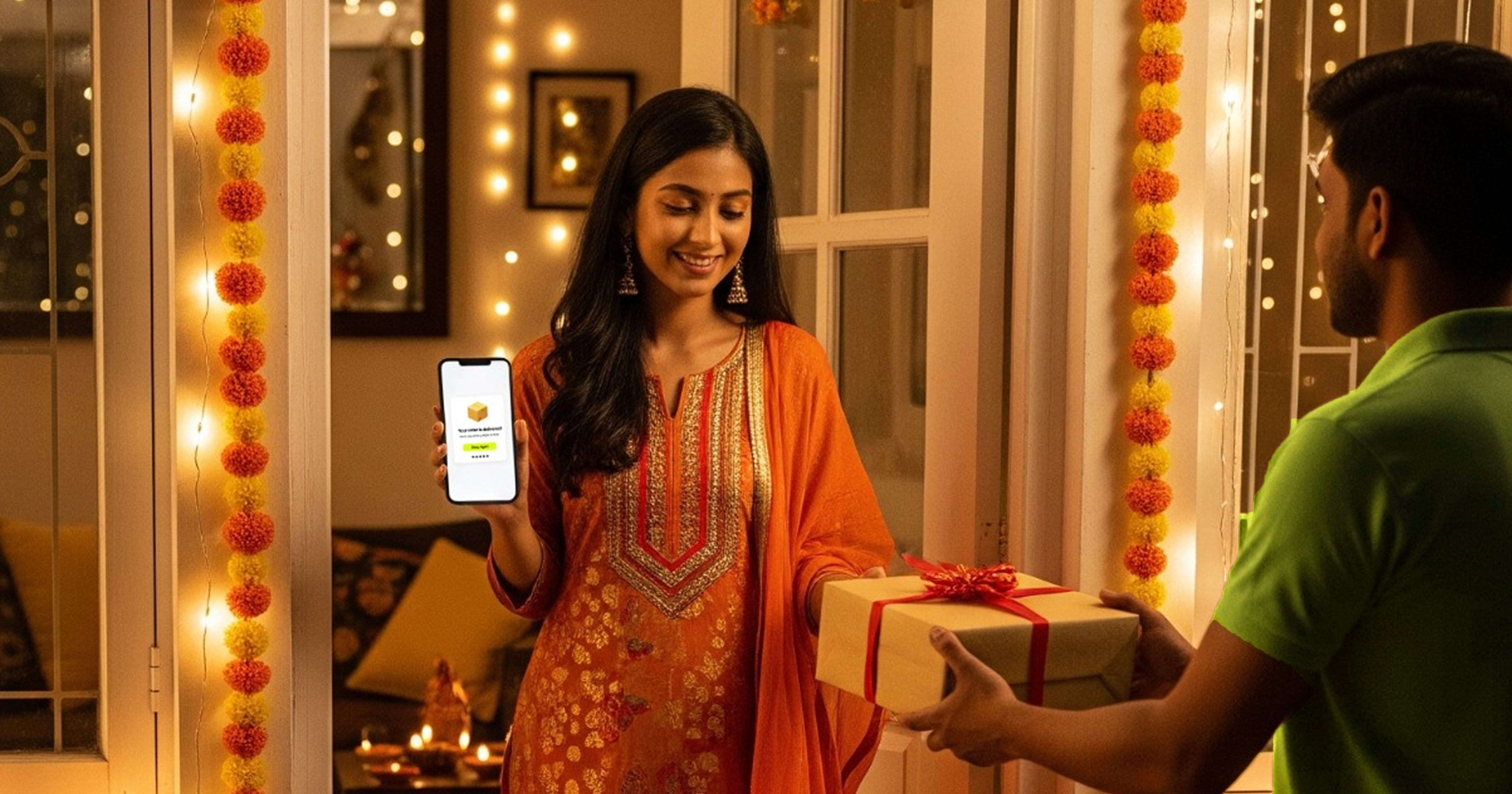 Customer receiving a festive package from a delivery person, emphasizing same-day delivery and festive shopper conversion.