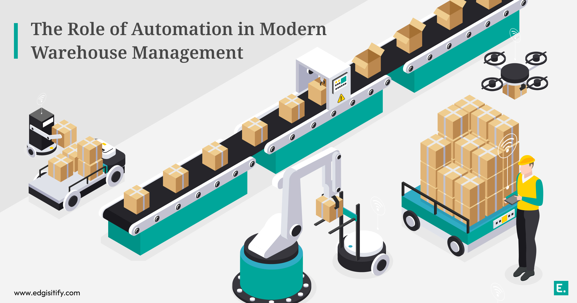 A robotic arm is shown moving packages on a conveyor belt in an automated warehouse, highlighting the role of automation in modern logistics.