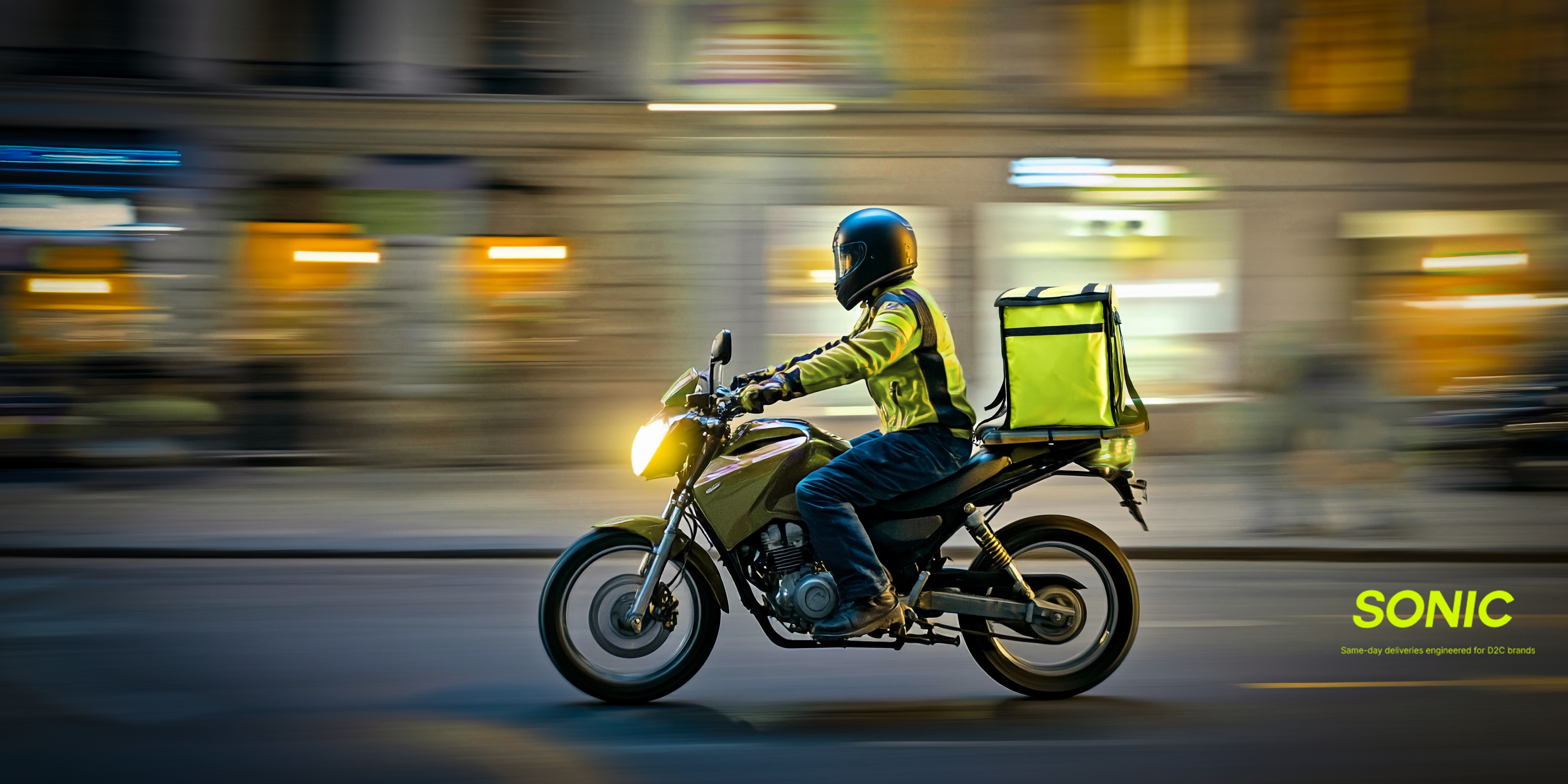 Delivery person on a bike in a city, package in hand, representing the same-day delivery boom and e-commerce fulfillment.