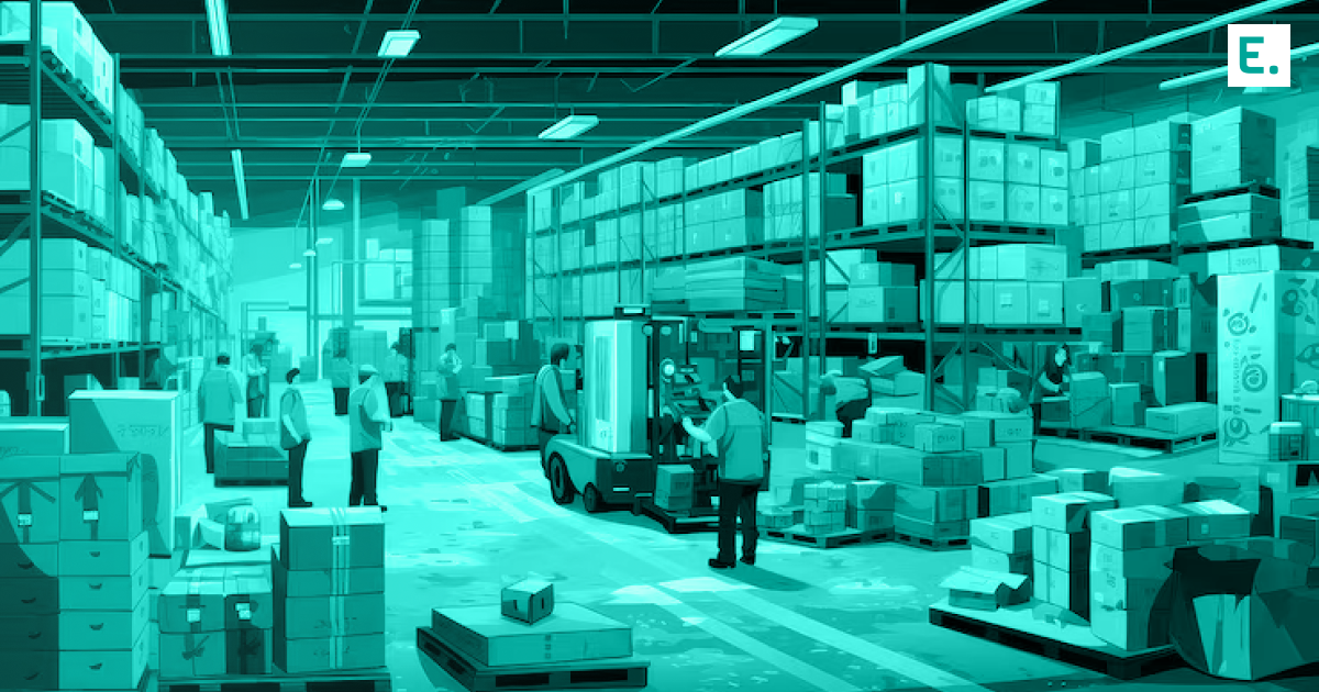Labeled layout of a standardized automotive spare parts warehouse hub with organized storage shelves and fulfillment zones.