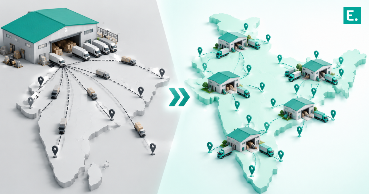 Map of regional fulfillment hubs optimizing D2C logistics and supply chain routes for fast B2C delivery.