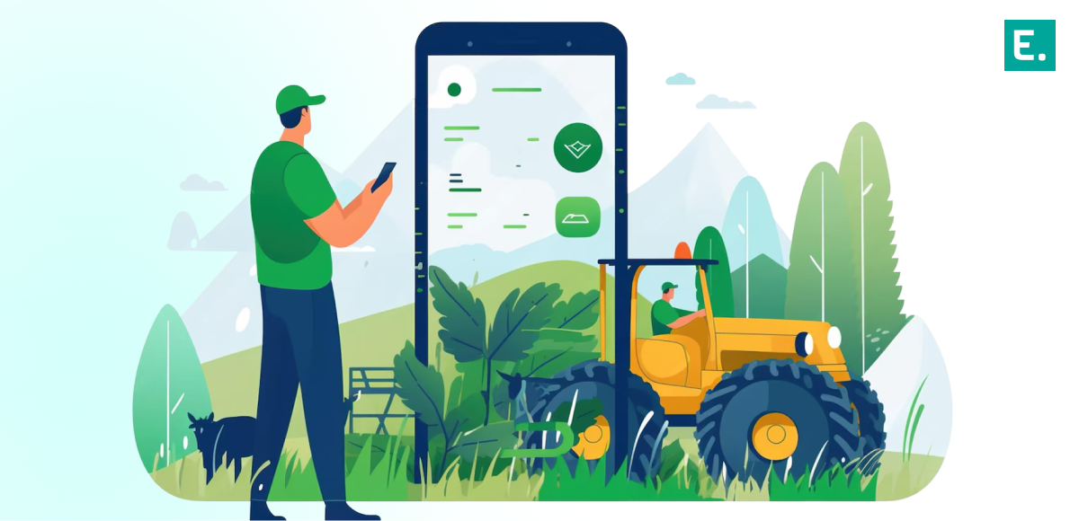 Central warehouse facility storing seeds and fertilizers with digital inventory tracking scan.