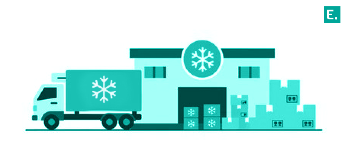 Cold chain logistics warehouse worker scanning temperature-controlled health food inventory with real-time tracking software.