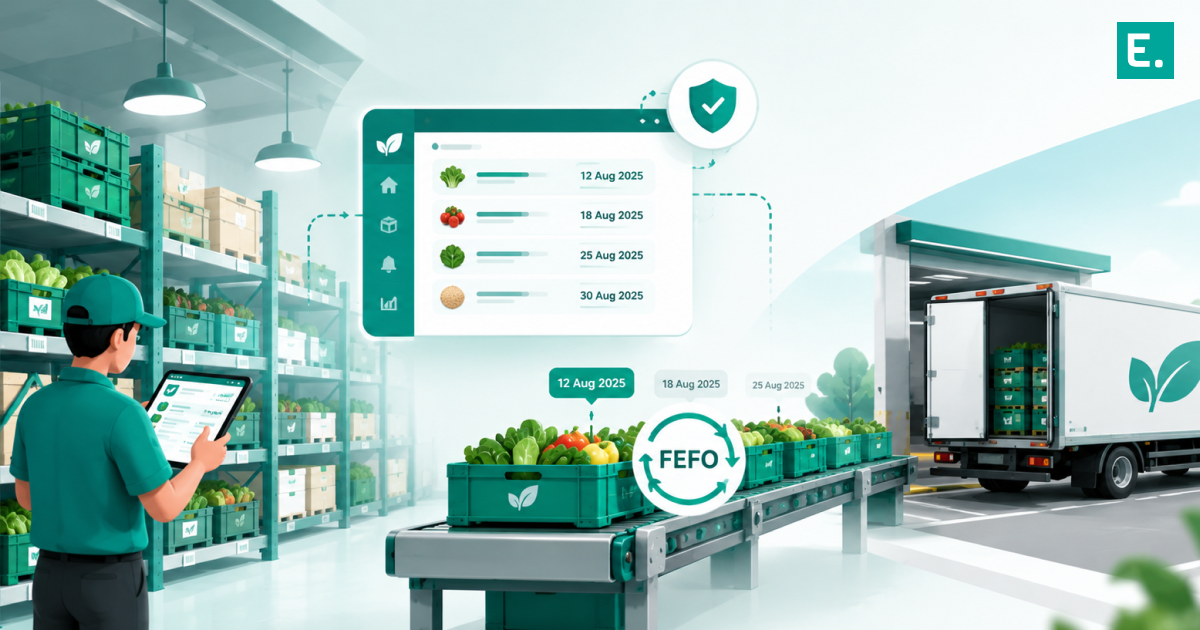Automated warehouse management system interface tracking perishable organic food inventory batches and expiration dates.